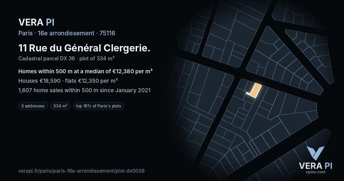 11 Rue du Général Clergerie, 16e arrondissement at night – the plot lit, the parcels around coloured by the prices near them