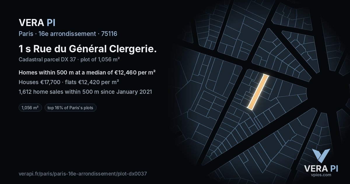 1 s Rue du Général Clergerie, 16e arrondissement at night – the plot lit, the parcels around coloured by the prices near them