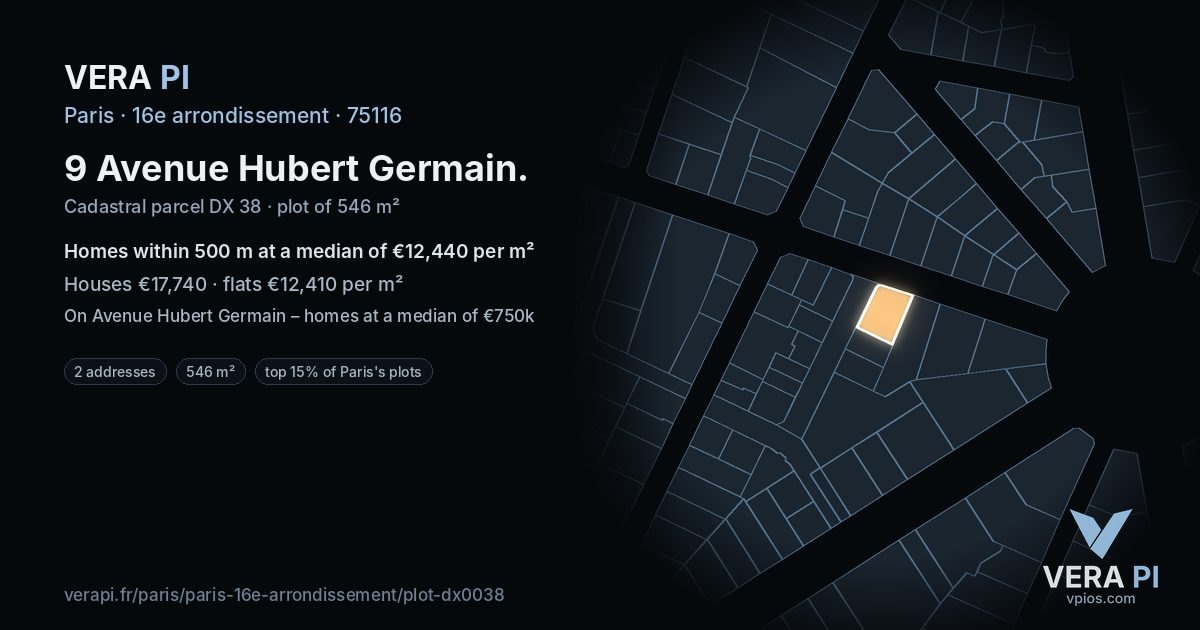 9 Avenue Hubert Germain, 16e arrondissement at night – the plot lit, the parcels around coloured by the prices near them