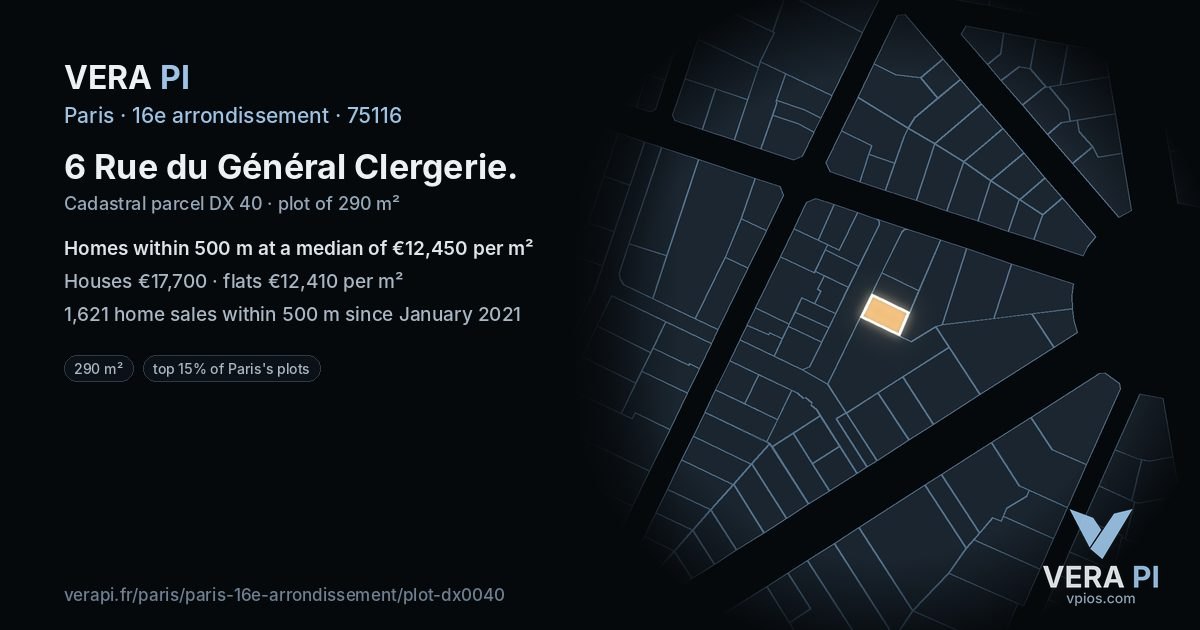 6 Rue du Général Clergerie, 16e arrondissement at night – the plot lit, the parcels around coloured by the prices near them