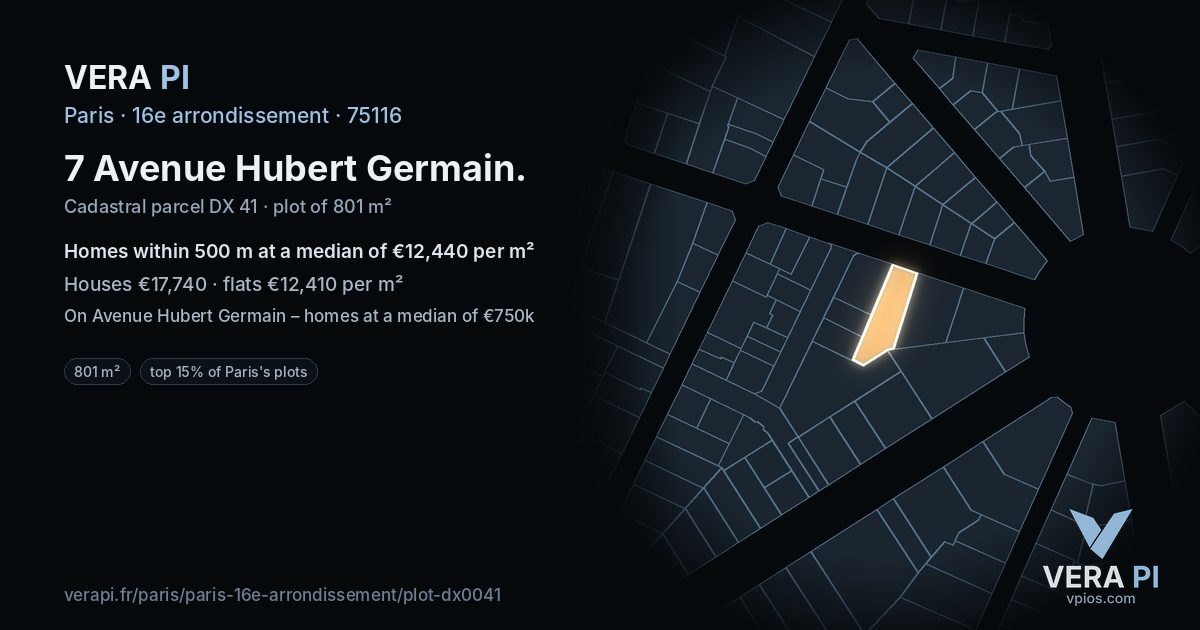 7 Avenue Hubert Germain, 16e arrondissement at night – the plot lit, the parcels around coloured by the prices near them