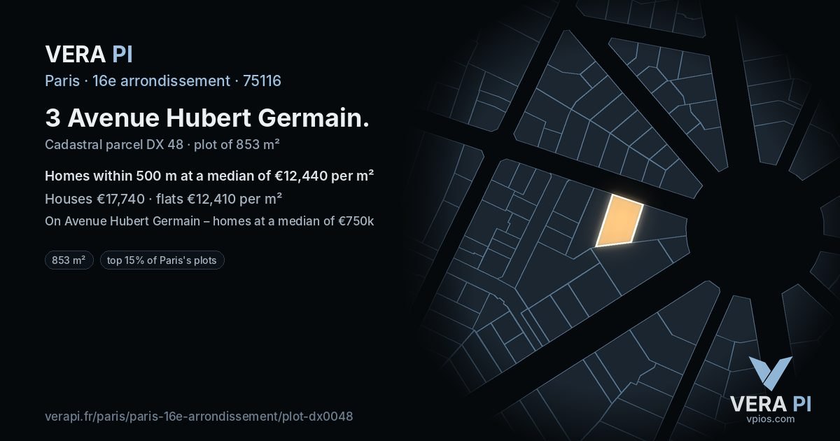 3 Avenue Hubert Germain, 16e arrondissement at night – the plot lit, the parcels around coloured by the prices near them