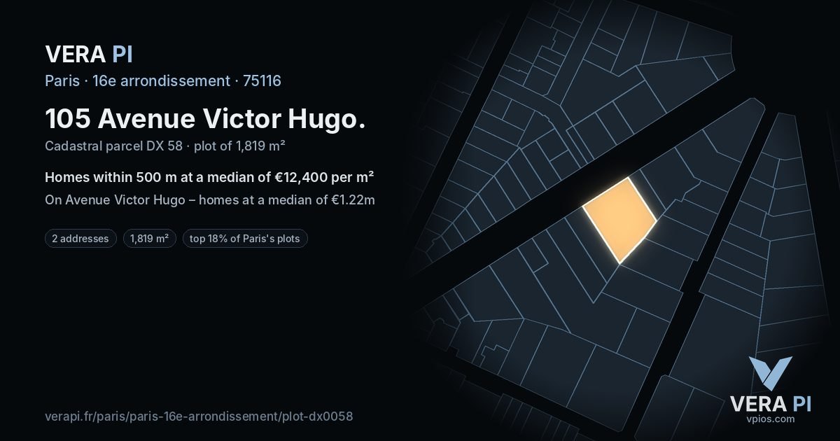 105 Avenue Victor Hugo, 16e arrondissement at night – the plot lit, the parcels around coloured by the prices near them