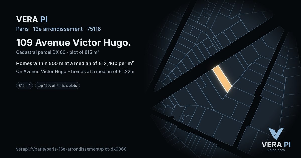 109 Avenue Victor Hugo, 16e arrondissement at night – the plot lit, the parcels around coloured by the prices near them