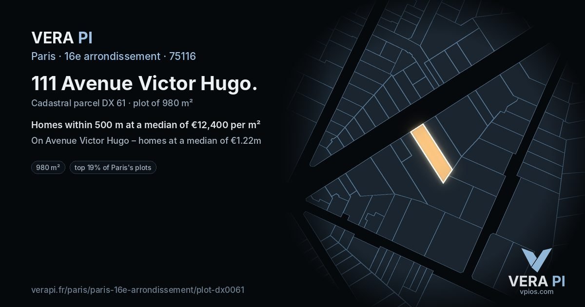 111 Avenue Victor Hugo, 16e arrondissement at night – the plot lit, the parcels around coloured by the prices near them