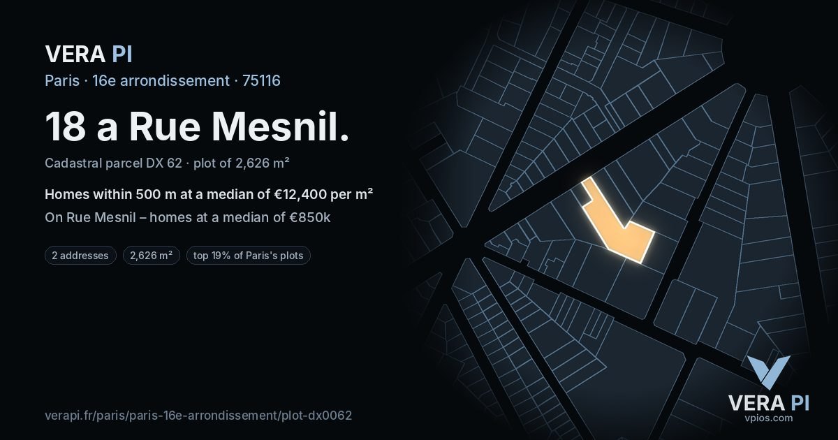 18 a Rue Mesnil, 16e arrondissement at night – the plot lit, the parcels around coloured by the prices near them