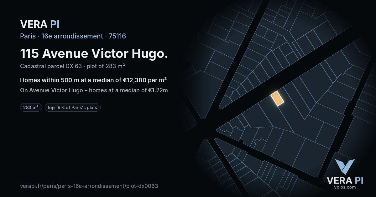 115 Avenue Victor Hugo, 16e arrondissement at night – the plot lit, the parcels around coloured by the prices near them