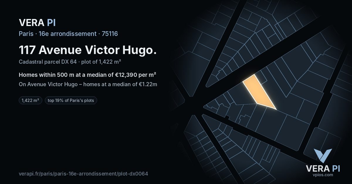 117 Avenue Victor Hugo, 16e arrondissement at night – the plot lit, the parcels around coloured by the prices near them