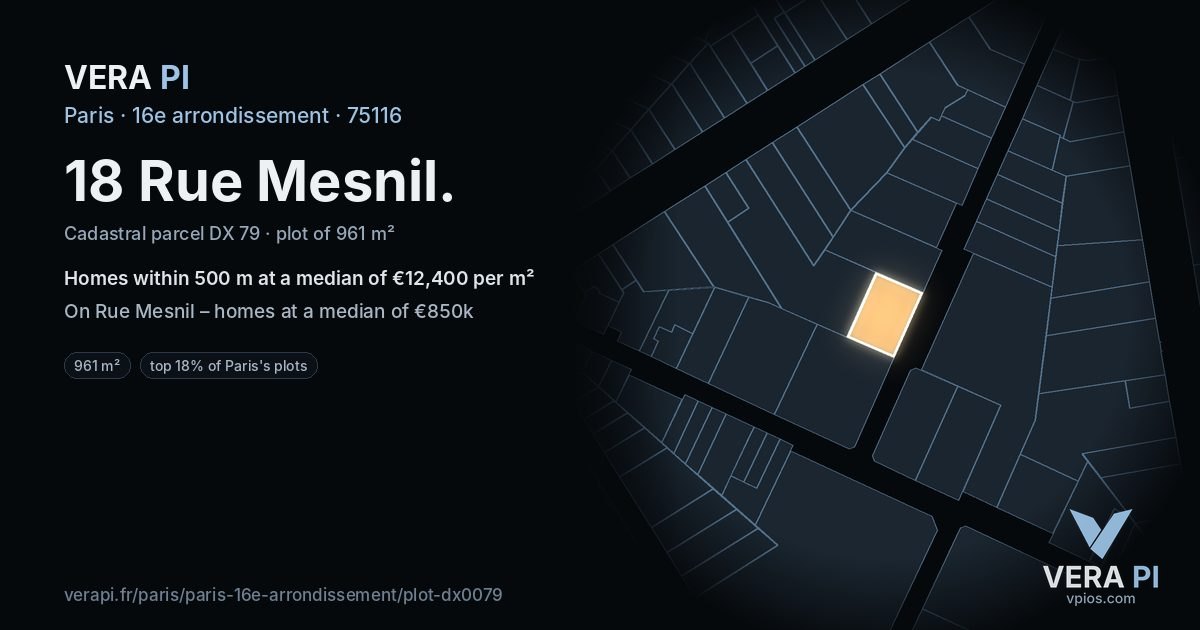 18 Rue Mesnil, 16e arrondissement at night – the plot lit, the parcels around coloured by the prices near them