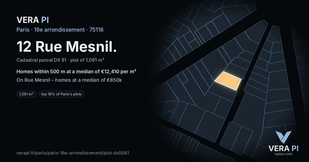12 Rue Mesnil, 16e arrondissement at night – the plot lit, the parcels around coloured by the prices near them