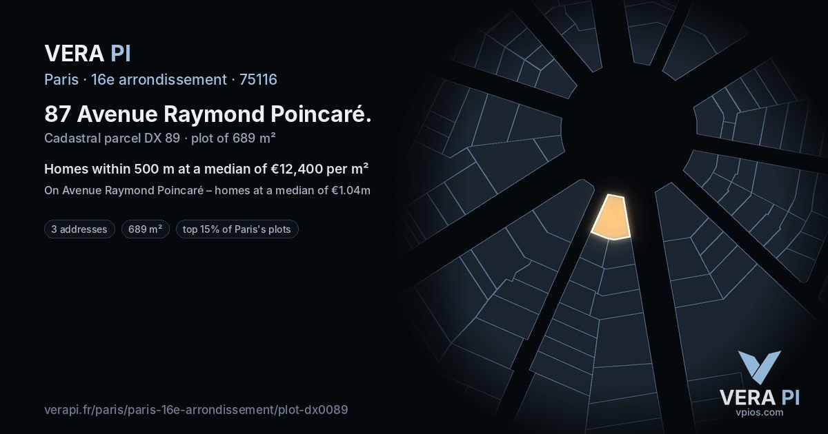 87 Avenue Raymond Poincaré, 16e arrondissement at night – the plot lit, the parcels around coloured by the prices near them