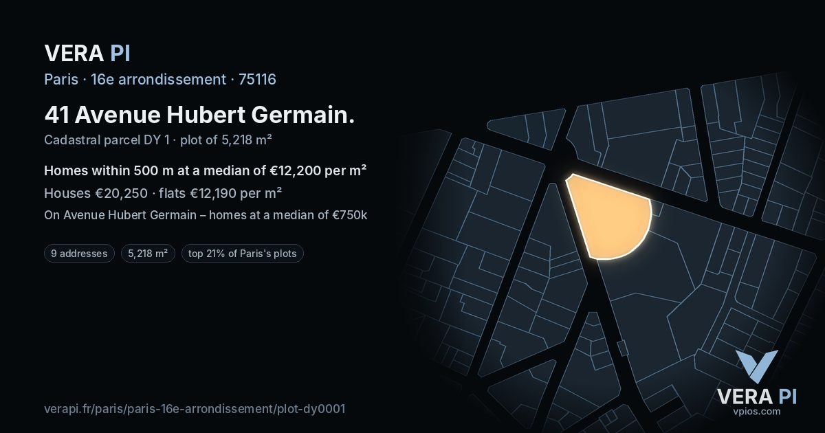 41 Avenue Hubert Germain, 16e arrondissement at night – the plot lit, the parcels around coloured by the prices near them