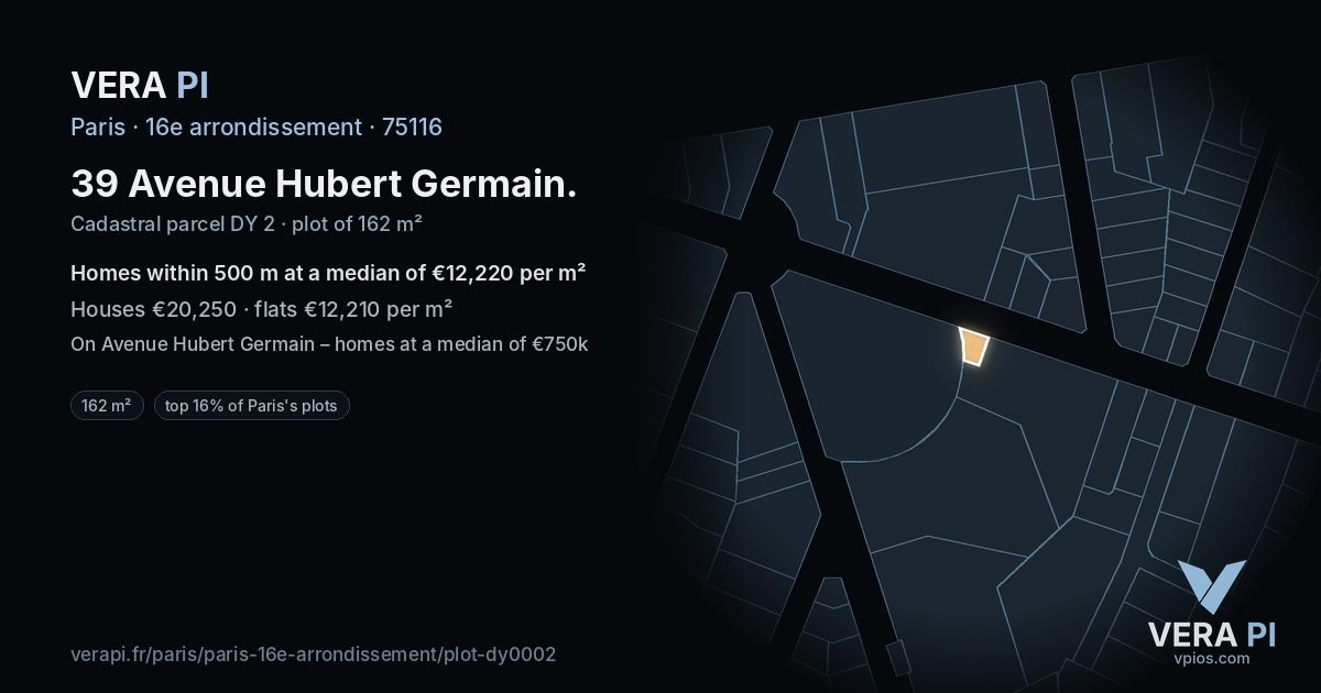 39 Avenue Hubert Germain, 16e arrondissement at night – the plot lit, the parcels around coloured by the prices near them