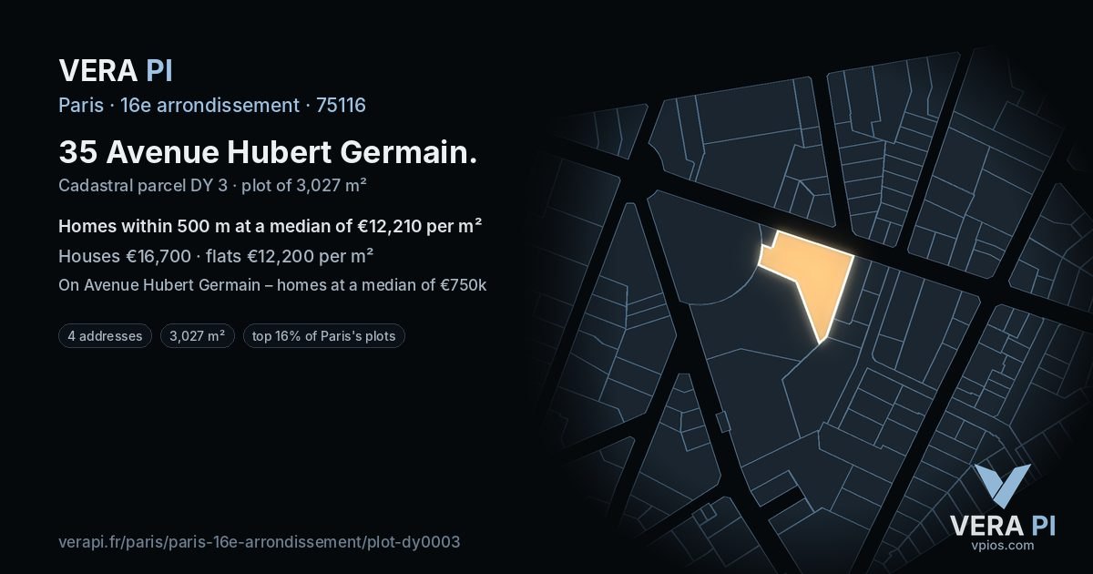 35 Avenue Hubert Germain, 16e arrondissement at night – the plot lit, the parcels around coloured by the prices near them