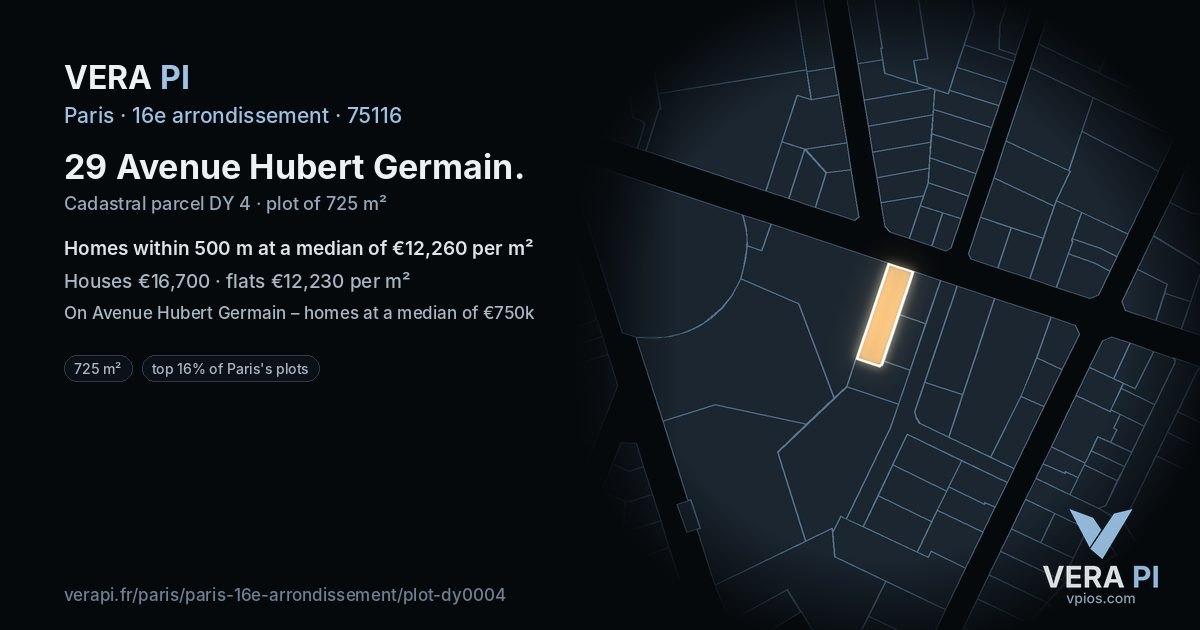 29 Avenue Hubert Germain, 16e arrondissement at night – the plot lit, the parcels around coloured by the prices near them