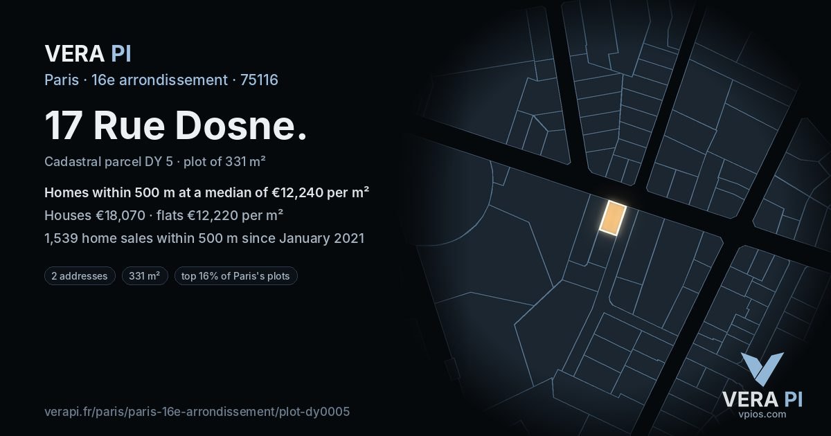 17 Rue Dosne, 16e arrondissement at night – the plot lit, the parcels around coloured by the prices near them