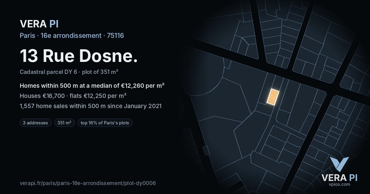 13 Rue Dosne, 16e arrondissement at night – the plot lit, the parcels around coloured by the prices near them