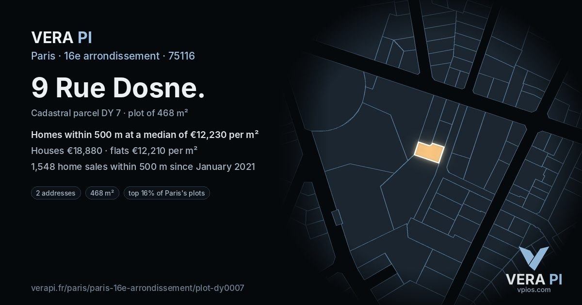 9 Rue Dosne, 16e arrondissement at night – the plot lit, the parcels around coloured by the prices near them