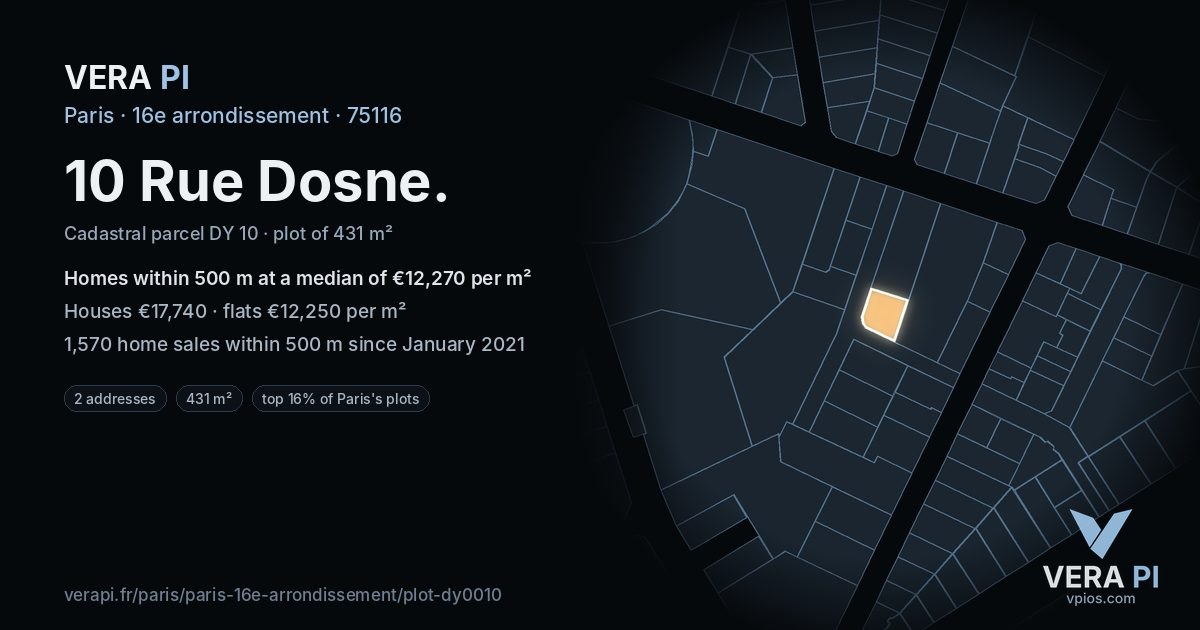 10 Rue Dosne, 16e arrondissement at night – the plot lit, the parcels around coloured by the prices near them