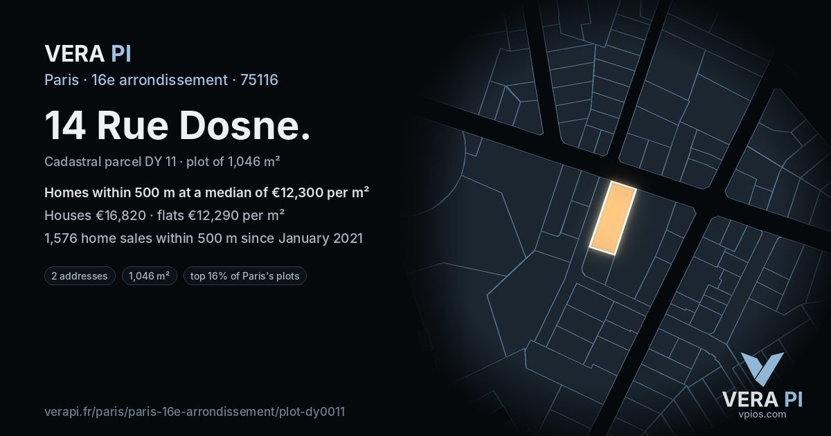 14 Rue Dosne, 16e arrondissement at night – the plot lit, the parcels around coloured by the prices near them