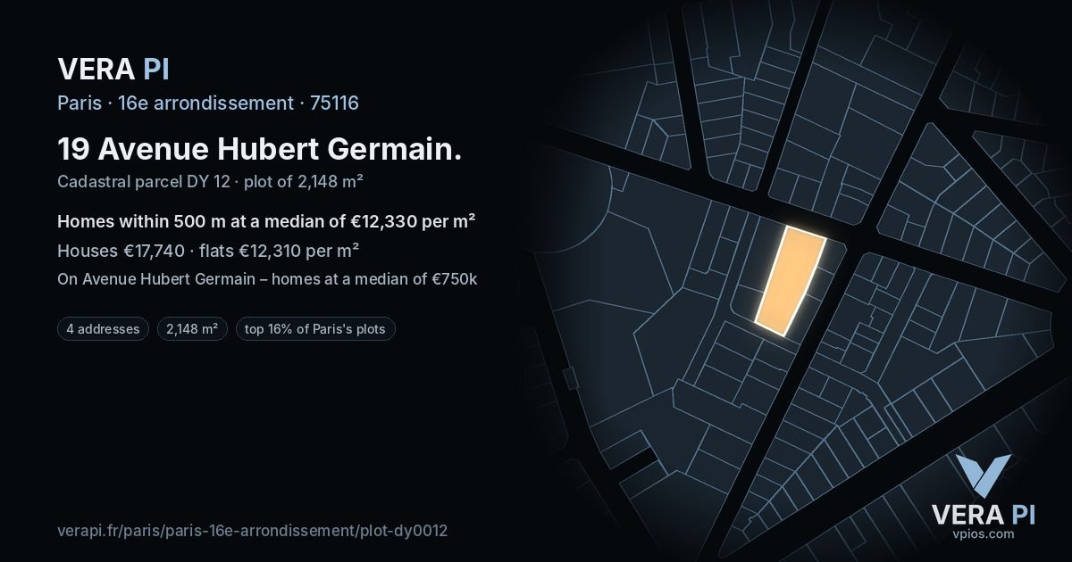 19 Avenue Hubert Germain, 16e arrondissement at night – the plot lit, the parcels around coloured by the prices near them