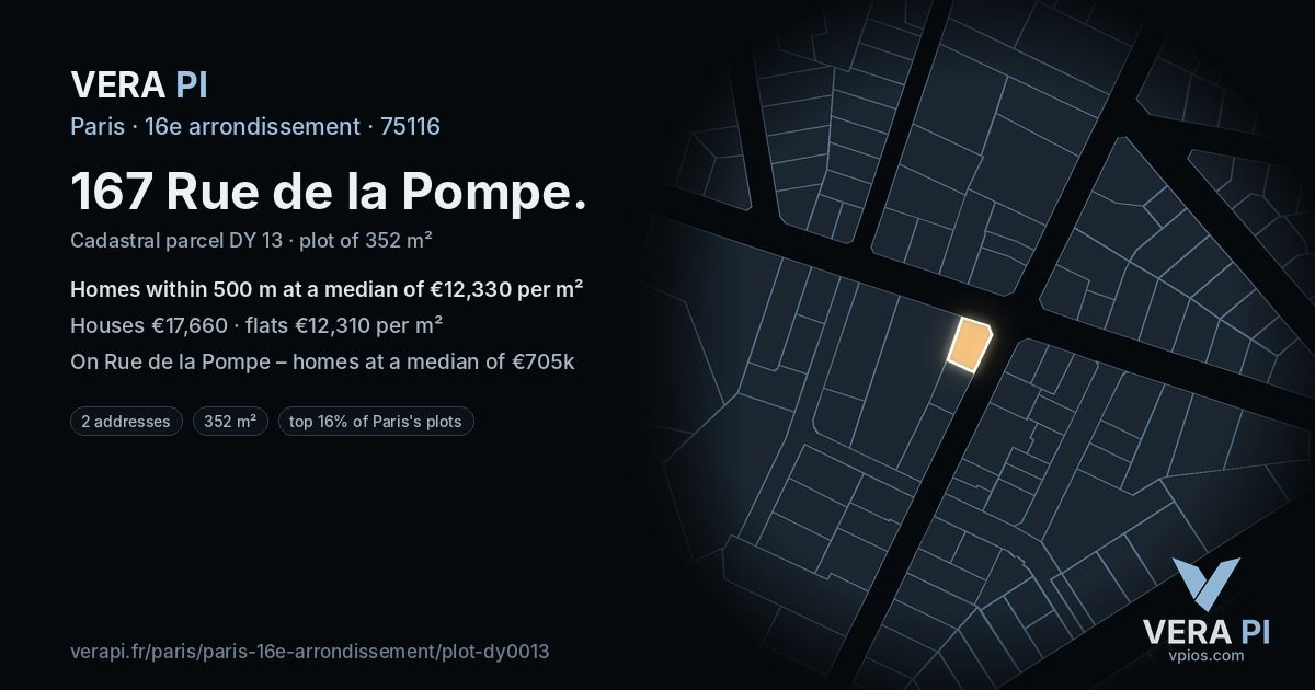 167 Rue de la Pompe, 16e arrondissement at night – the plot lit, the parcels around coloured by the prices near them