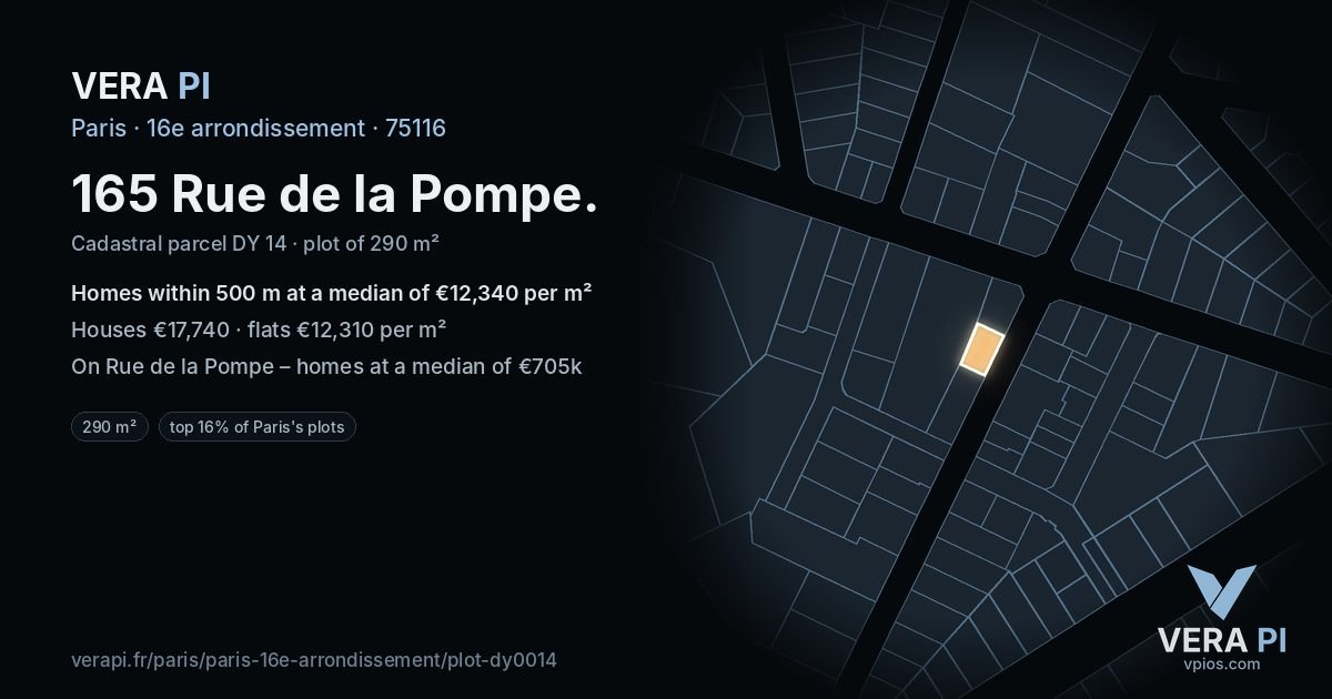165 Rue de la Pompe, 16e arrondissement at night – the plot lit, the parcels around coloured by the prices near them