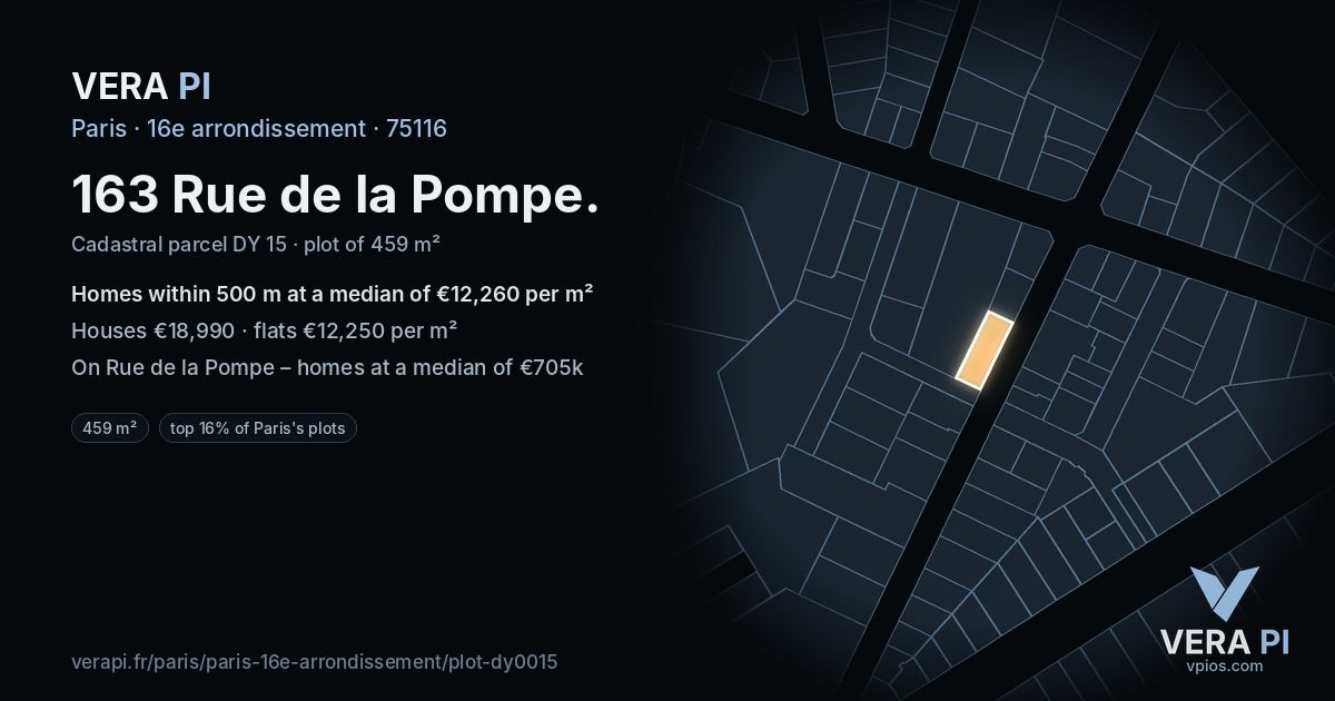 163 Rue de la Pompe, 16e arrondissement at night – the plot lit, the parcels around coloured by the prices near them