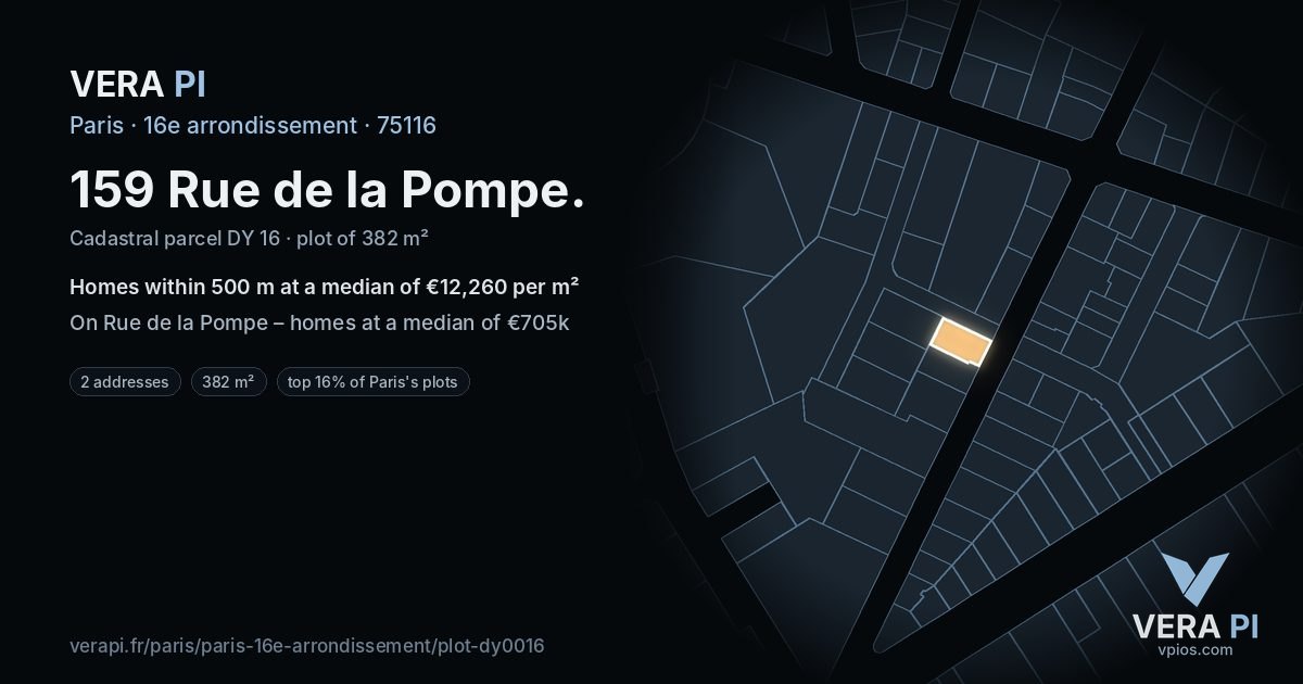 159 Rue de la Pompe, 16e arrondissement at night – the plot lit, the parcels around coloured by the prices near them