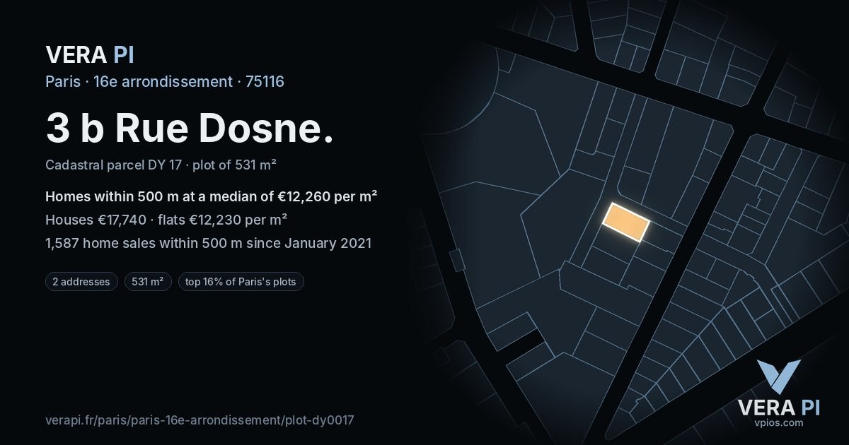 3 b Rue Dosne, 16e arrondissement at night – the plot lit, the parcels around coloured by the prices near them