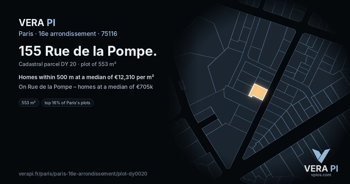155 Rue de la Pompe, 16e arrondissement at night – the plot lit, the parcels around coloured by the prices near them