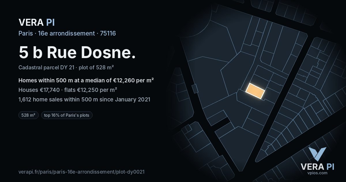 5 b Rue Dosne, 16e arrondissement at night – the plot lit, the parcels around coloured by the prices near them