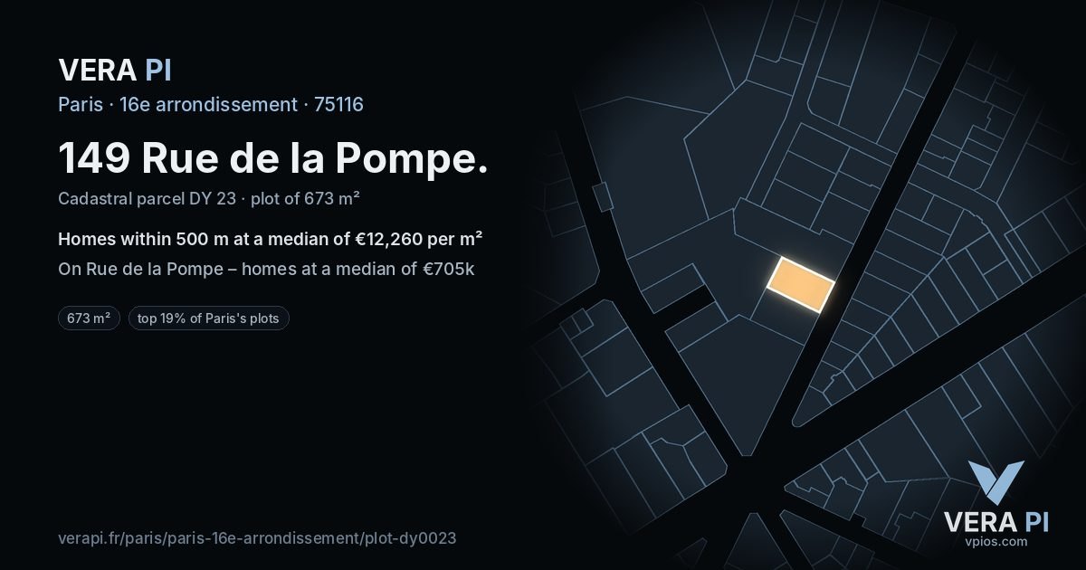 149 Rue de la Pompe, 16e arrondissement at night – the plot lit, the parcels around coloured by the prices near them