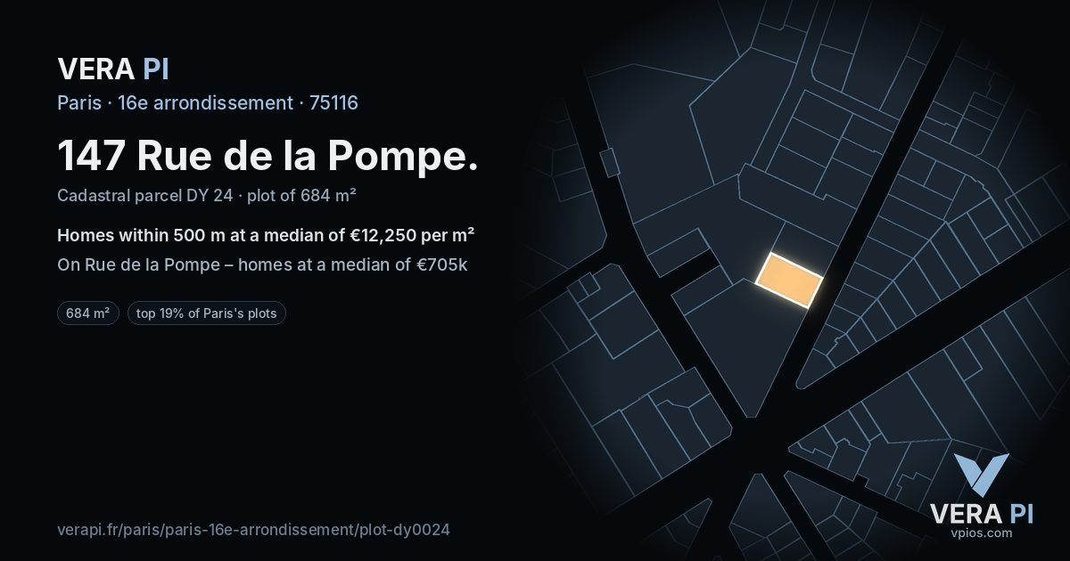 147 Rue de la Pompe, 16e arrondissement at night – the plot lit, the parcels around coloured by the prices near them