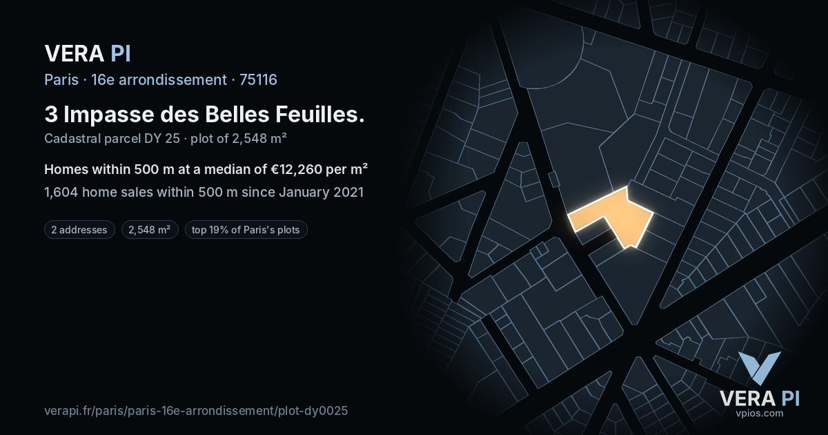 3 Impasse des Belles Feuilles, 16e arrondissement at night – the plot lit, the parcels around coloured by the prices near them