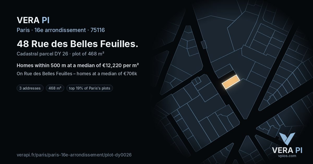 48 Rue des Belles Feuilles, 16e arrondissement at night – the plot lit, the parcels around coloured by the prices near them
