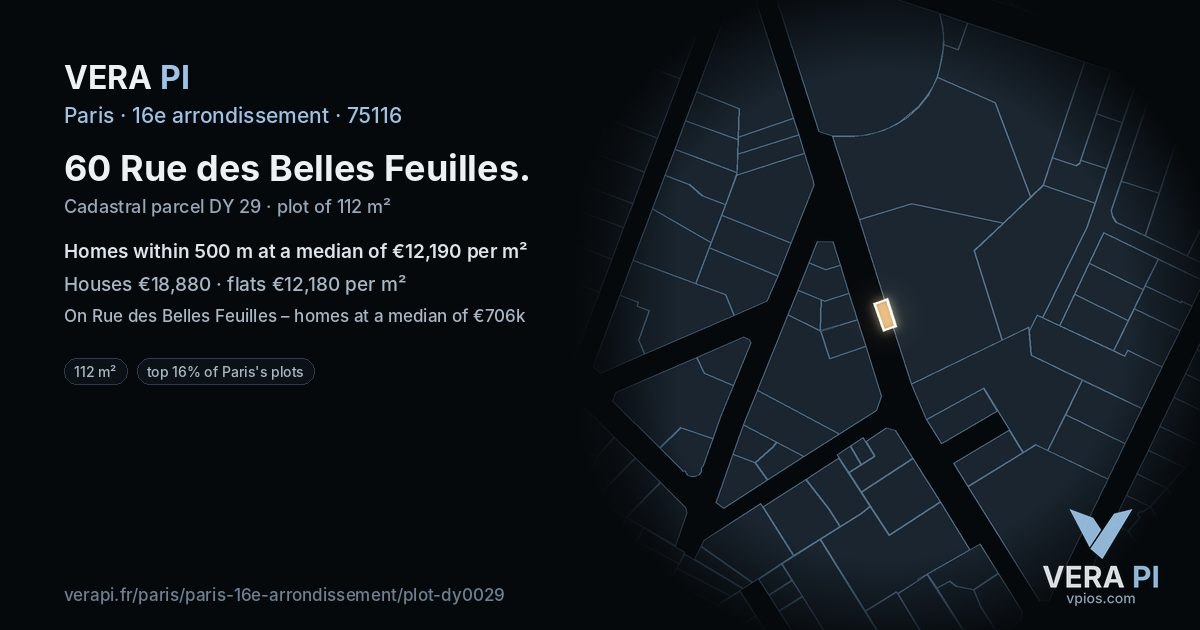 60 Rue des Belles Feuilles, 16e arrondissement at night – the plot lit, the parcels around coloured by the prices near them