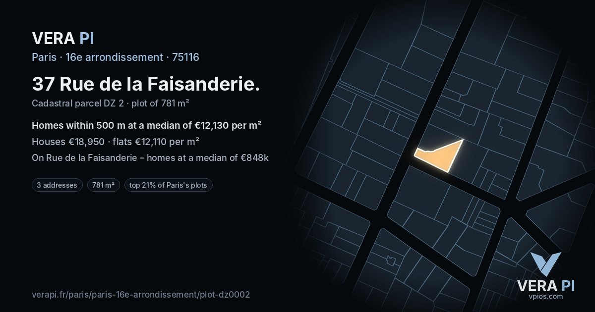 37 Rue de la Faisanderie, 16e arrondissement at night – the plot lit, the parcels around coloured by the prices near them