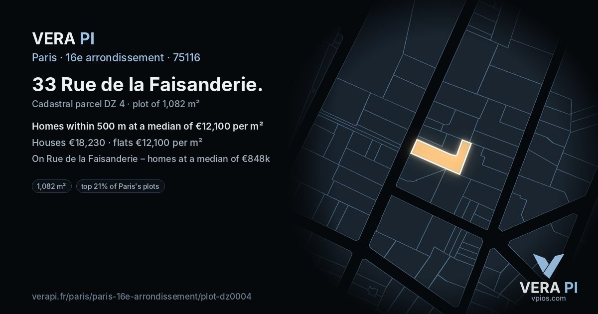 33 Rue de la Faisanderie, 16e arrondissement at night – the plot lit, the parcels around coloured by the prices near them