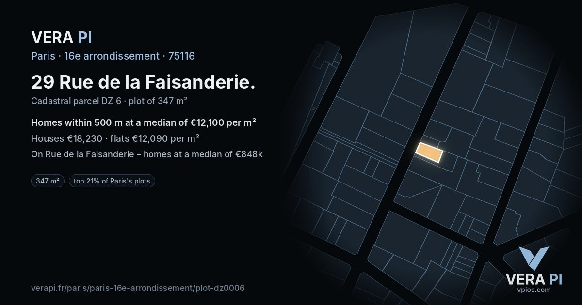29 Rue de la Faisanderie, 16e arrondissement at night – the plot lit, the parcels around coloured by the prices near them