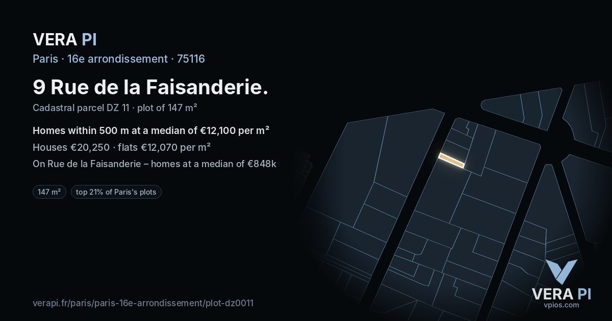 9 Rue de la Faisanderie, 16e arrondissement at night – the plot lit, the parcels around coloured by the prices near them