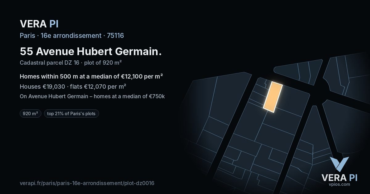 55 Avenue Hubert Germain, 16e arrondissement at night – the plot lit, the parcels around coloured by the prices near them