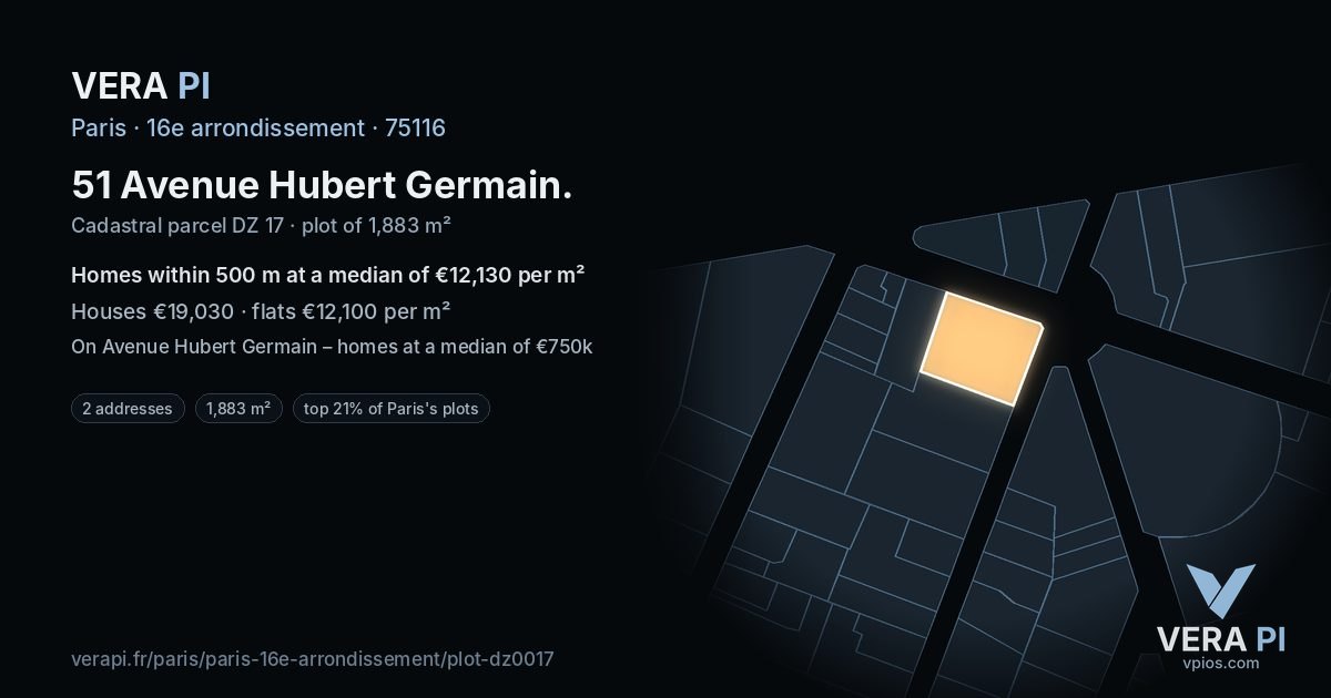 51 Avenue Hubert Germain, 16e arrondissement at night – the plot lit, the parcels around coloured by the prices near them