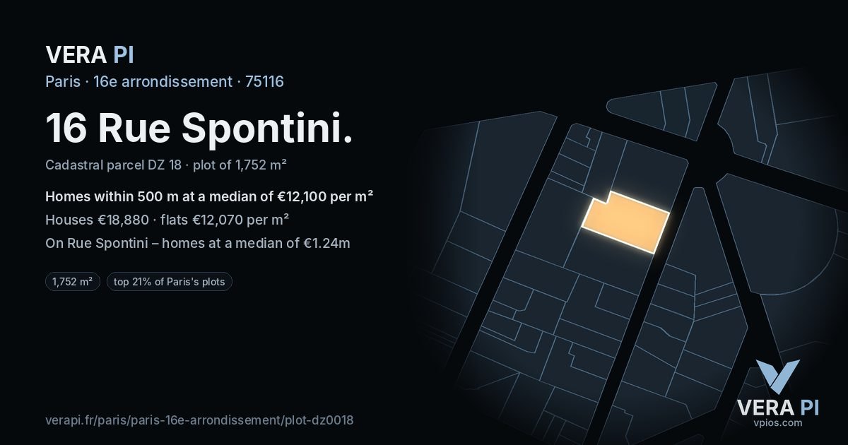 16 Rue Spontini, 16e arrondissement at night – the plot lit, the parcels around coloured by the prices near them