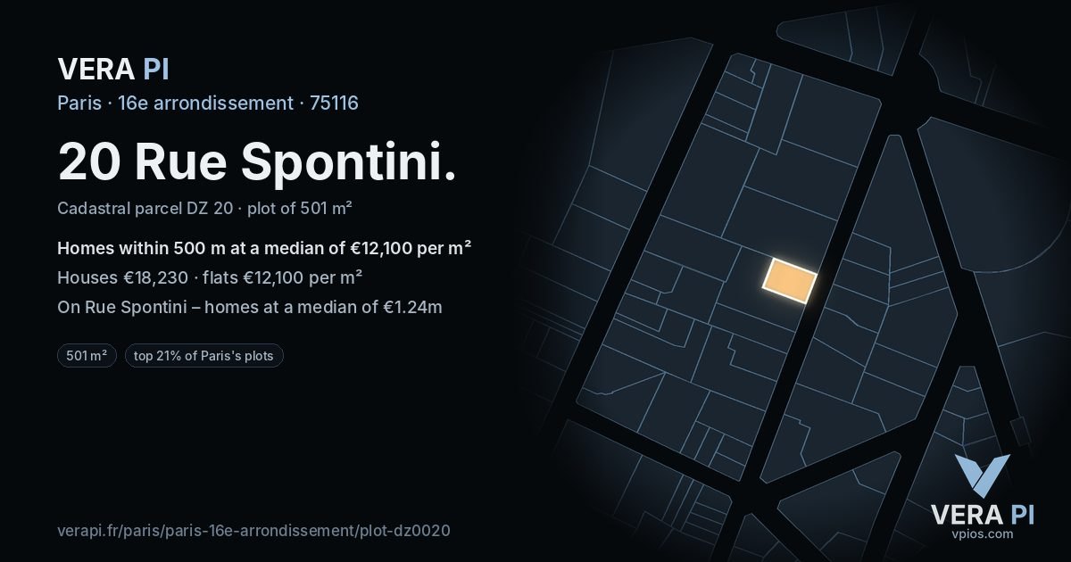 20 Rue Spontini, 16e arrondissement at night – the plot lit, the parcels around coloured by the prices near them