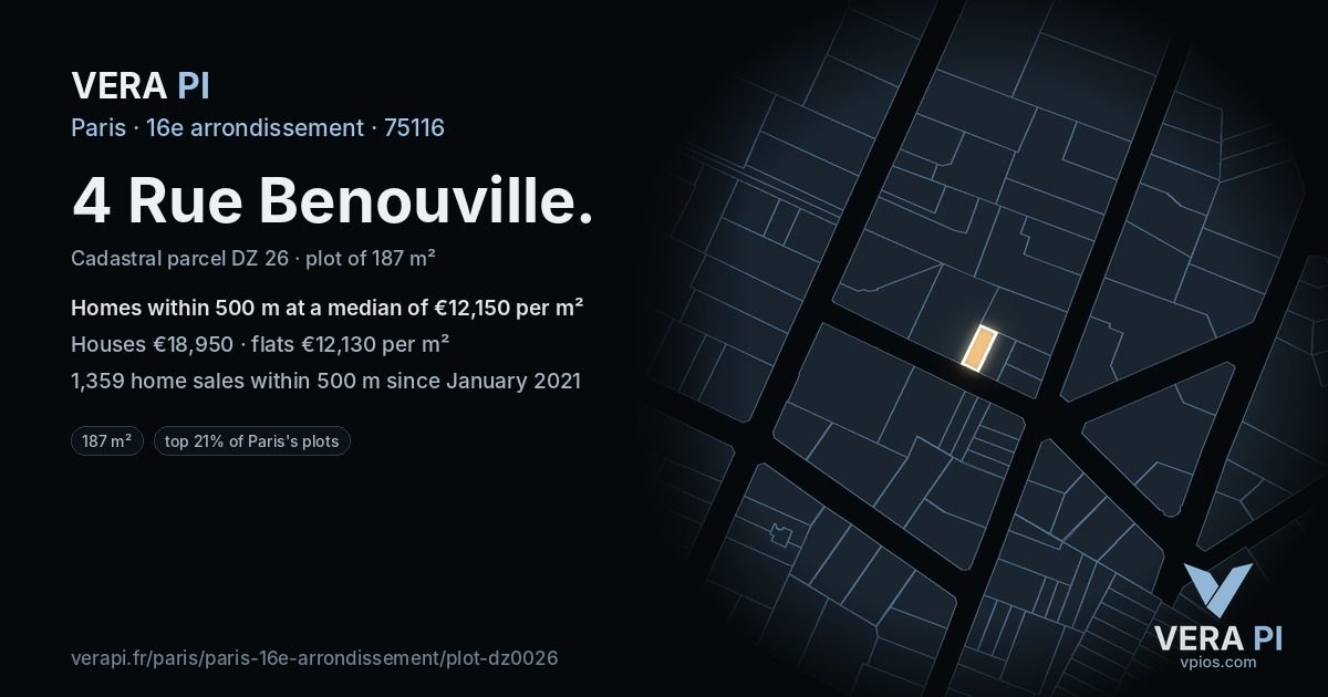 4 Rue Benouville, 16e arrondissement at night – the plot lit, the parcels around coloured by the prices near them