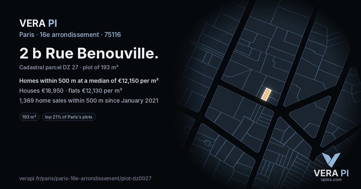 2 b Rue Benouville, 16e arrondissement at night – the plot lit, the parcels around coloured by the prices near them