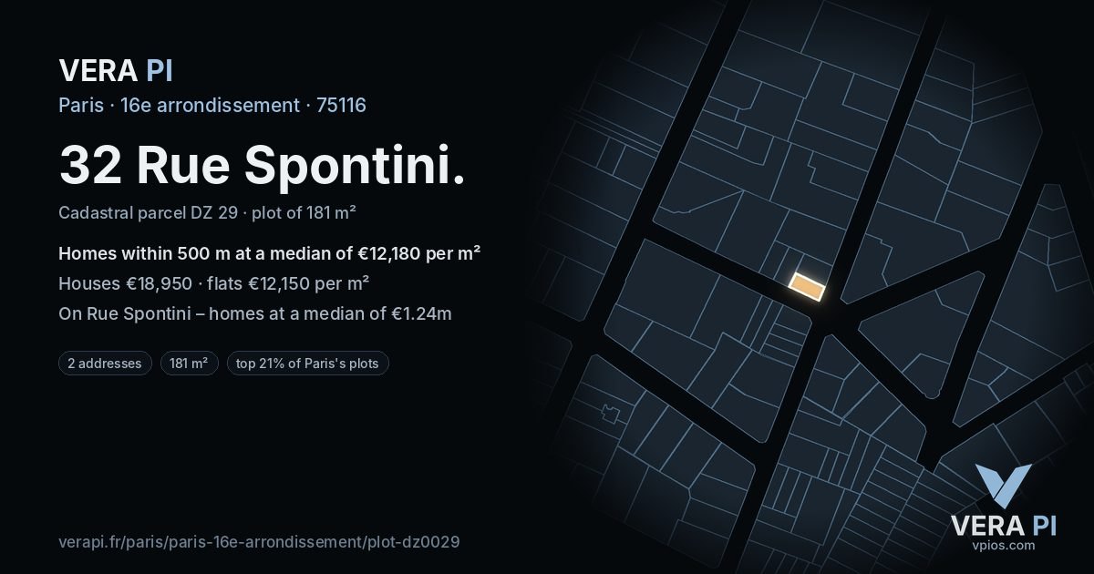 32 Rue Spontini, 16e arrondissement at night – the plot lit, the parcels around coloured by the prices near them
