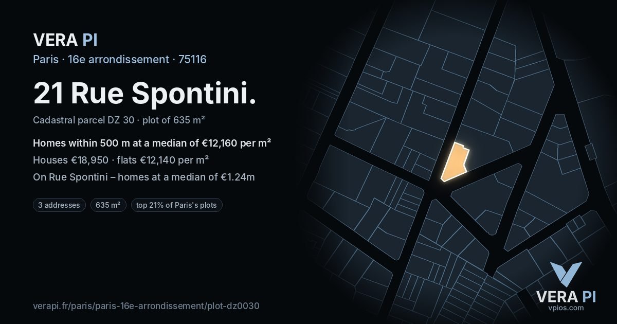 21 Rue Spontini, 16e arrondissement at night – the plot lit, the parcels around coloured by the prices near them