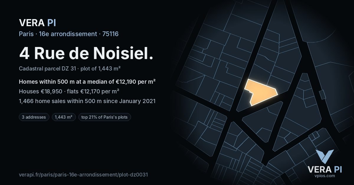 4 Rue de Noisiel, 16e arrondissement at night – the plot lit, the parcels around coloured by the prices near them